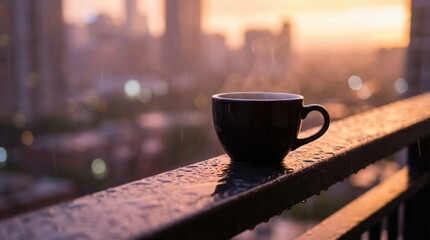 Obraz premium A steaming cup of coffee sits on a wet balcony railing overlooking a blurred city skyline during a rainy sunset.