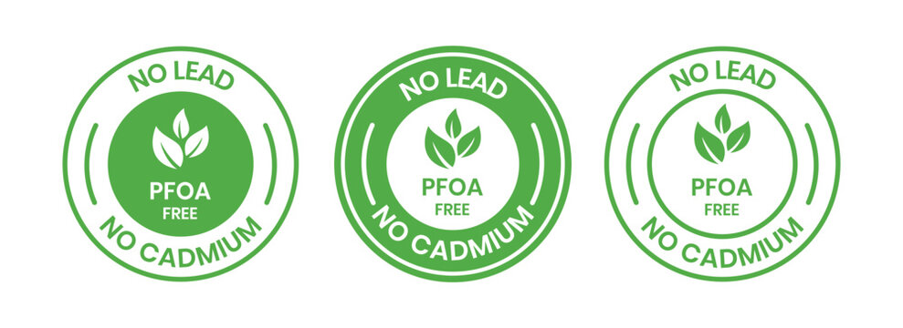 PFOA FREE, No lead and No cadmium Label Set. No lead and No cadmium icon set. No lead and No cadmium sign, logo, badge, icon, sticker, label, emblem, stamp, symbol, black, line, flat vector,