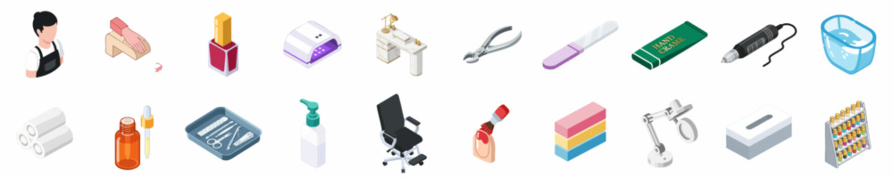 Isometric Collection of Professional Manicure and Nail Salon Equipment, Tools, and Service Icons for Beauty Industry Design