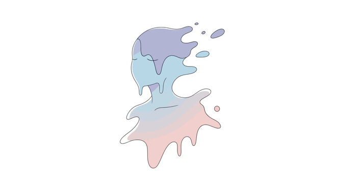 Abstract vector art depicts a melting figure with smooth gradients and flowing liquid shapes, rendered in pastel shades of blue, purple, and pink, set against a plain white backdrop