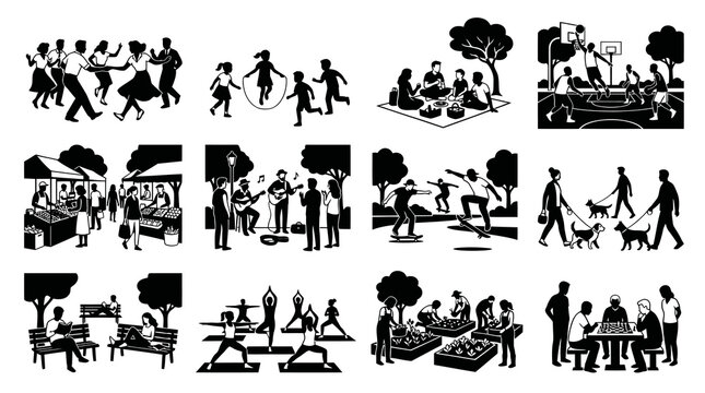 Diverse Lifestyle  Community Activities: Black  White Glyph Icons of Outdoor Recreation