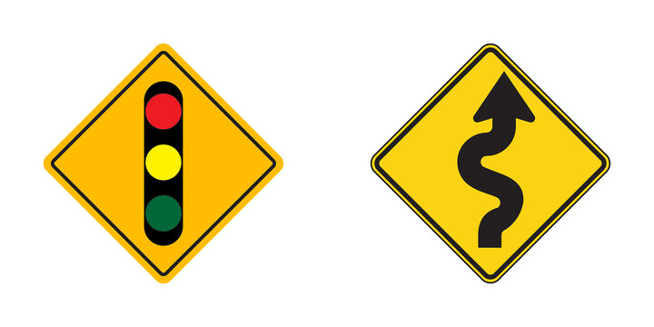 Traffic signal and winding road warning signs isolated on transparent background