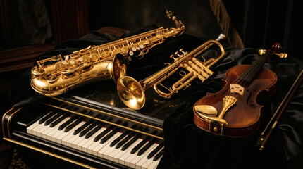 Obraz premium Luxury gold musical instruments composition on dark background. Trumpet, saxophone, violin and piano keys with elegant lighting and rich contrast, premium aesthetic