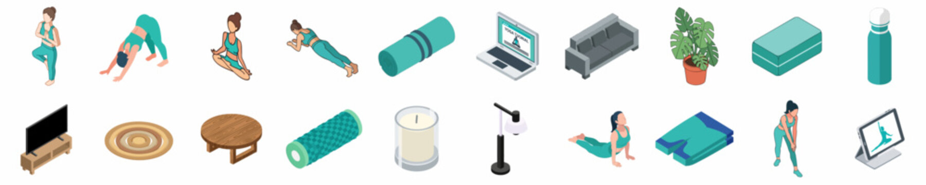 Isometric Set of Yoga at Home Elements Including Poses, Equipment, Furniture, and Online Tutorials on Laptop and Tablet for a Healthy Lifestyle