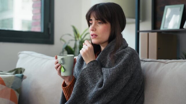 Video of illness young woman drinking tea while sitting with a blanket on the couch at home
