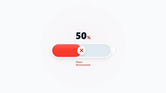 Animated battery charging UI graphic showing power disconnected at 50 percent