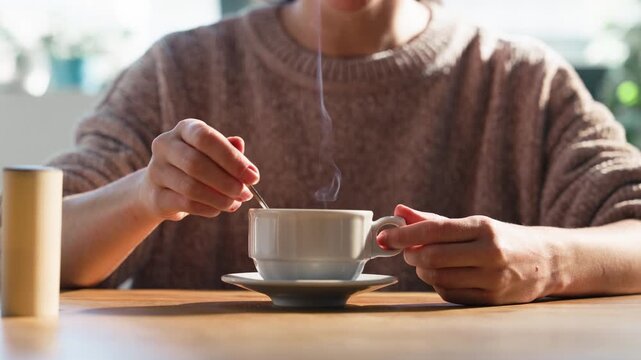 Video of close up of woman hands pouring sweetener into coffee at home.