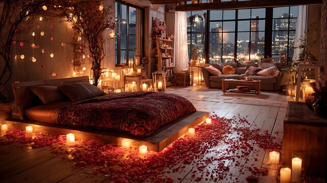 Bedroom interior illuminated by soft candlelight creating a romantic and cozy atmosphere, featuring a bed adorned with roses and a breakfast tray for a special occasion