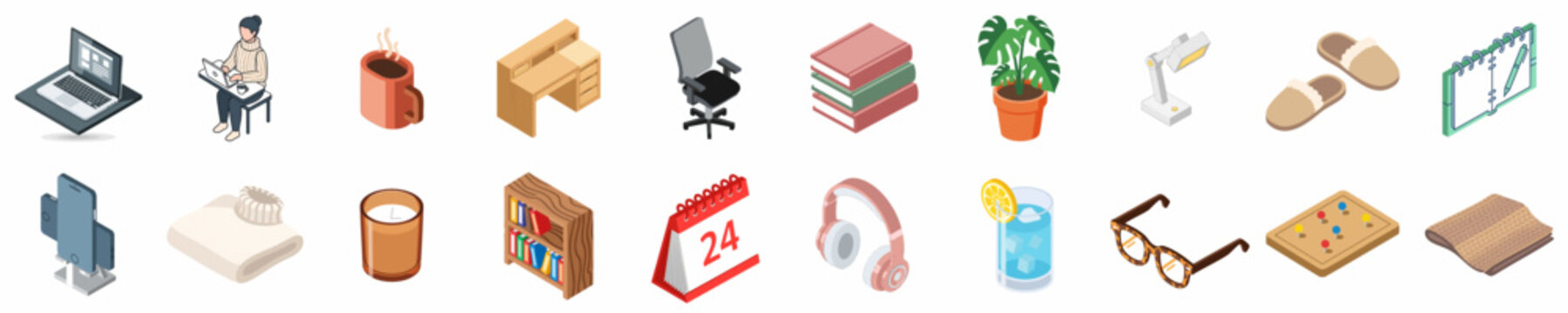 Comprehensive collection of isometric icons for home office, remote work, study, and cozy workspace lifestyle elements.
