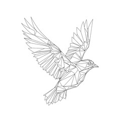 Fototapeta premium Dynamic Geometric Polygonal Small Bird Flying, Wings Spread, Abstract Avian Art on Isolated White Background