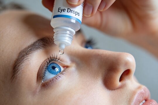 A woman with blue eyes is putting eye drops in her eyes. Close-up.