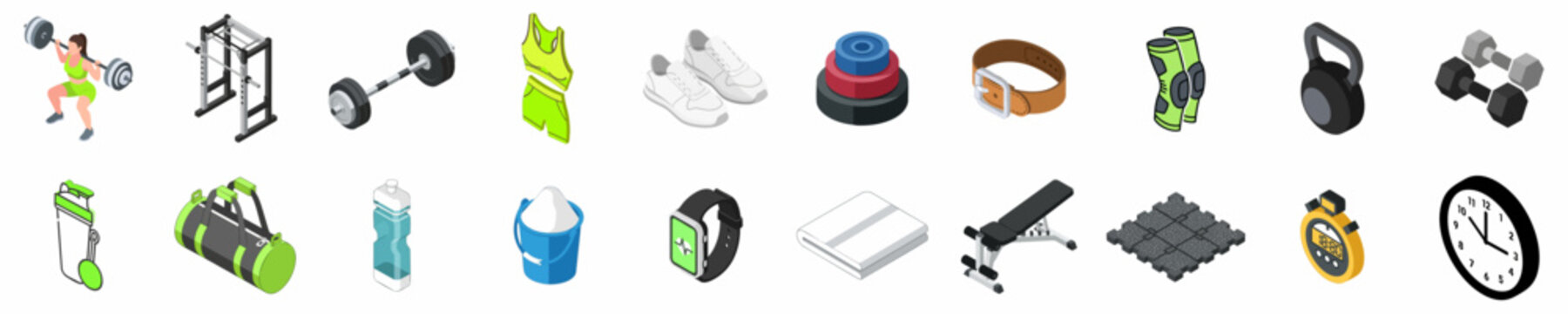 Comprehensive collection of isometric gym equipment and fitness icons, featuring weights, accessories, and workout gear for bodybuilding and training.