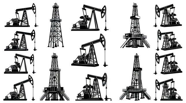 Oil and Gas Industry Icons: Black  White Vector Silhouettes of Oil Derricks, Pumpjacks, Rigs