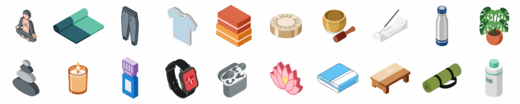 Comprehensive collection of isometric yoga meditation and wellness icons featuring equipment accessories and relaxation tools for a healthy lifestyle.