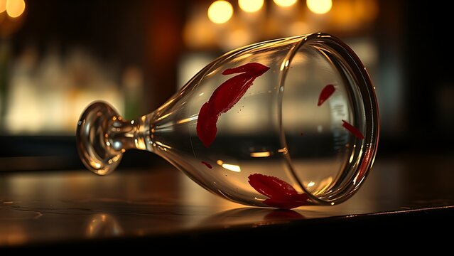imprudence. An overturned wine glass with lipstick marks on a bar counter in moody lighting. bar promotions, beverage menus, designed for food & beverage menus and cafe branding.