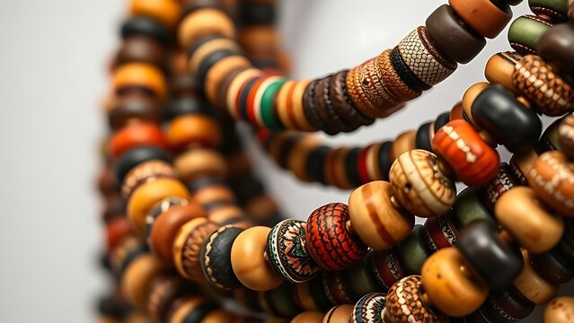 zulu. Close-up of a traditional Zulu beaded necklace, intricate colorful patterns, soft studio lighting. event programs, museum guides, designed for cultural heritage projects and event programs.