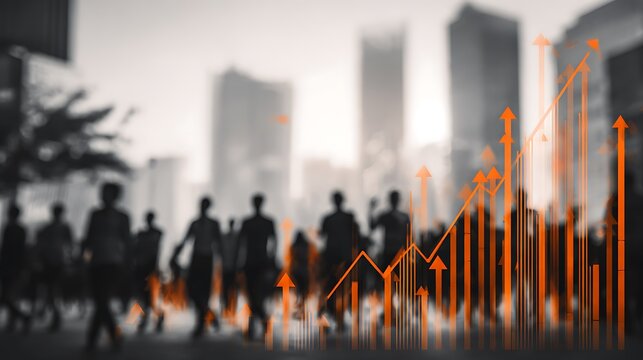 A city skyline with people moving, symbolizing the dynamic nature of the labor market and economic forces.