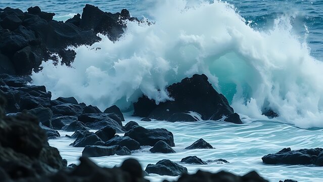 planck. A massive ocean wave crashing against dark coastal rocks during a storm. travel magazines, destination branding, designed for outdoor magazines and nature guides, inspires travel planning.
