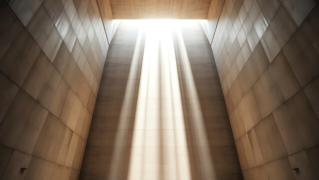 lightwell. A monumental geometric concrete light well with sharp beams of sunlight. real-estate listings, architecture portfolios, designed for real-estate listing and luxury residence showcases.