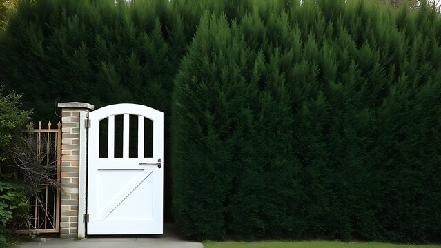privet. White garden gate in front of a tall, dense privet hedge. real-estate listings, architecture portfolios, designed for interior renovation comparisons for interiors, highlights design details.