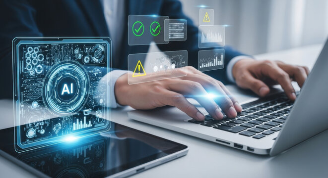 AI-powered automated debugging or troubleshooting. Artificial intelligence diagnostics and detection. System engineer using laptop to instruct AI monitoring. Engineer instruct AI for maintenance