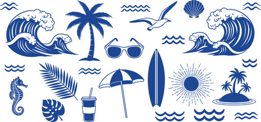 Obraz premium Monochrome summer beach elements set blue ocean waves palm tree surfboard sunglasses tropical icons collection vector illustration