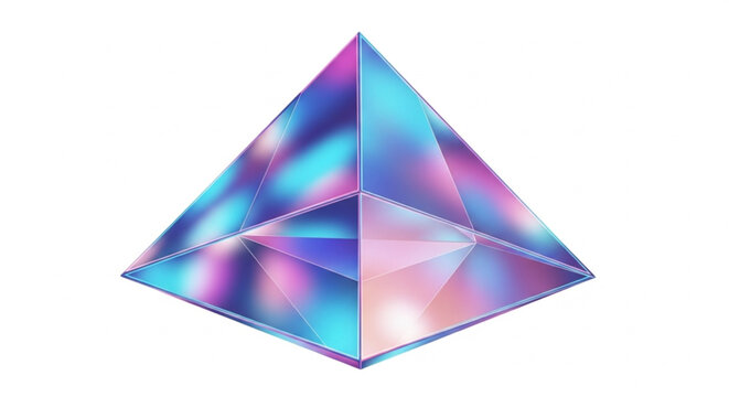 Pyramid shape displays a vibrant iridescent surface with reflective light gradients.