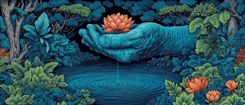 A cinematic concept art illustration with atmospheric cyan hues of a grandfather with deeply lined hands gently cupping a blooming flower, watching the ripples of a single drop of water in a still ...