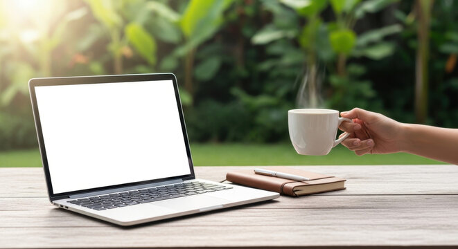 Remote work lifestyle in morning sunlight with laptop on outdoor wooden desk, hand reaching for coffee cup, balanced productivity and mindful break in natural garden workspace environment