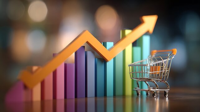 Rising bar chart beside a shopping cart symbolizing consumer spending growth retail sales increase and economic demand.