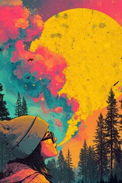 A screen-printed poster illustration utilizing a vibrant scheme of a man in a weathered knit beanie looking out over a stormy coastline, listening to the distant sound of church bells at twilight, ...
