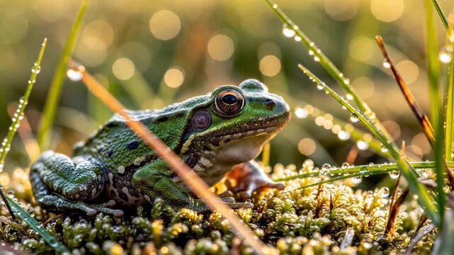 A serene green frog sits on mossy ground amidst dewy grass blades, exuding a sense of calm and tranquility.
