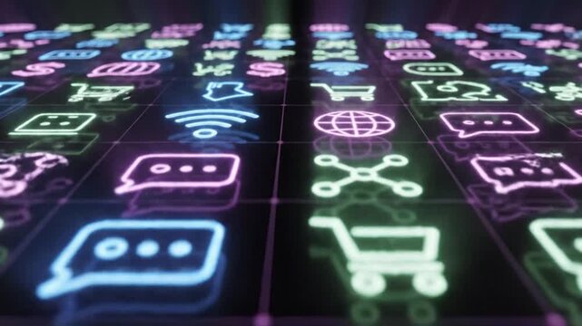 Rows of glowing neon digital icons representing e-commerce and global connectivity on a dark perspective grid