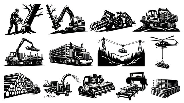 Logging and Timber Industry Equipment, Wood Processing - Black  White Line Art Set