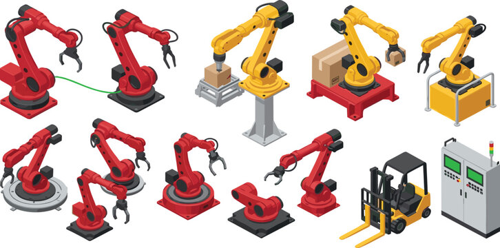 Industrial Robotic Arm Automation Set with 3D Isometric Mechanical Manipulators, Factory Conveyor Machines, Forklift, and Control Panel