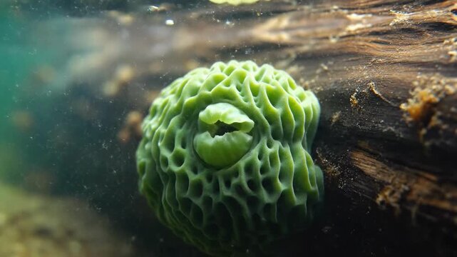 A serene underwater scene featuring a vibrant green brain coral attached to a submerged log, surrounded by clear water and subtle lighting.
