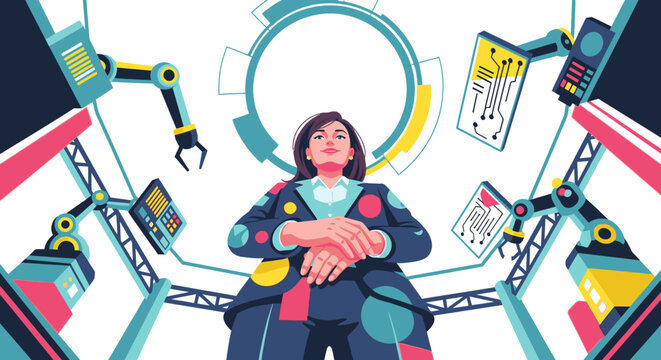 Confident woman in futuristic suit surrounded by robotic arms and digital screens, symbolizing innovation and technology