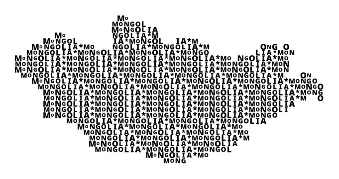 Typographic Map of Mongolia with a pattern of capital letters only showing the english name of the country