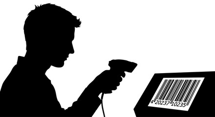 Silhouette of a person scanning a barcode with a handheld scanner, representing commerce and data entry. © Maulana