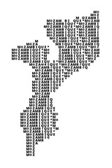 Fototapeta premium Typographic Map of Mozambique with a pattern of capital letters only showing the english name of the country