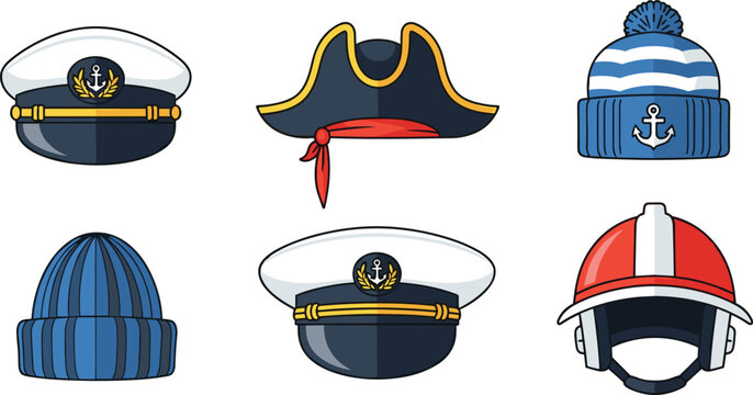 Marine and Nautical Hat Collection, Sailor Caps, Pirate Hats, Beanies, and Helmets for Seafaring and Adventure Themes