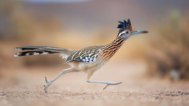 Capture the dynamic moment of a roadrunner striding across the desert sand. The bird is sharply focused under natural daylight with a shallow depth of field. The arid landforms form a blurred backgrou
