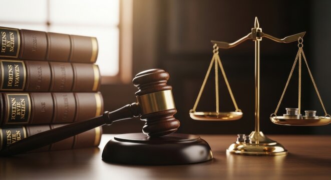 Vintage wooden gavel and brass scales of justice on law office desk, stack of old leather books in courtroom, legal system and authority concept