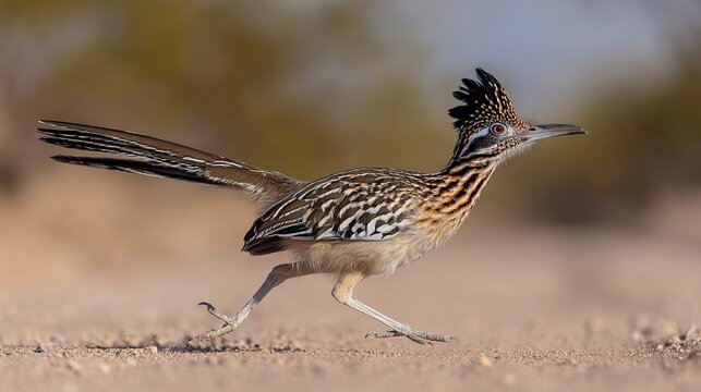 Capture the dynamic moment of a roadrunner striding across the desert sand. The bird is sharply focused under natural daylight with a shallow depth of field. The arid landforms form a blurred backgrou