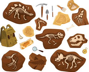 Jurassic era animal collection with bone fossils and predatory dinosaur shapes vector © Buddhadeb