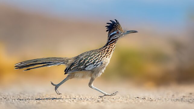 Capture the dynamic moment of a roadrunner striding across the desert sand. The bird is sharply focused under natural daylight with a shallow depth of field. The arid landforms form a blurred backgrou