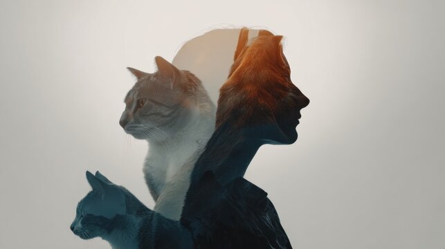 Creative Human Silhouette with Cats and Dogs in Multiple Exposures for Artistic Photography
