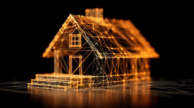 Glowing digital structure outlines a residential building against a dark background