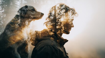 Naklejka premium Man and Dog Silhouette in Enchanted Forest with Sunlight and Textures Creating a Dreamy Atmosphere