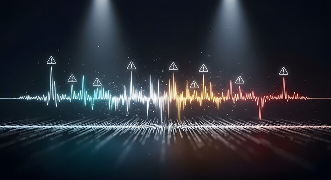 Electronic signal analysis and digital frequency monitoring. Audio software interface and rhythmic sound pulse. Multicolored waveform displaying data peaks and warning symbols on dark floor.